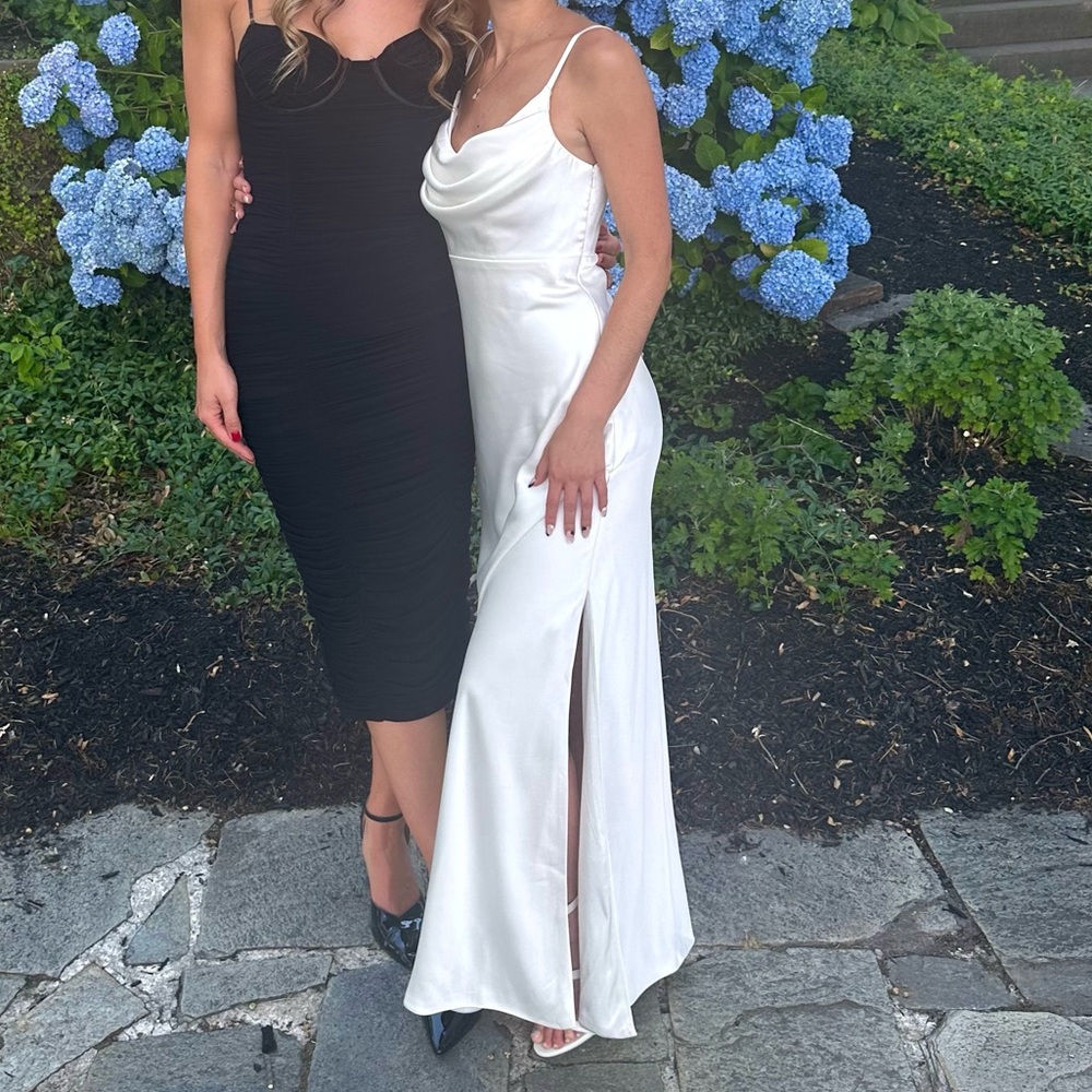 Revelry Skye satin dress white pearl size 2 petite engagement rehearsal dinner